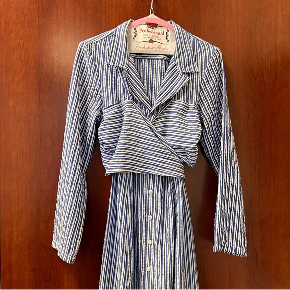 Porridge Tie-Front Shirt Dress Size Small Maxi Blue Stripped Button Front Pocket - Picture 10 of 17